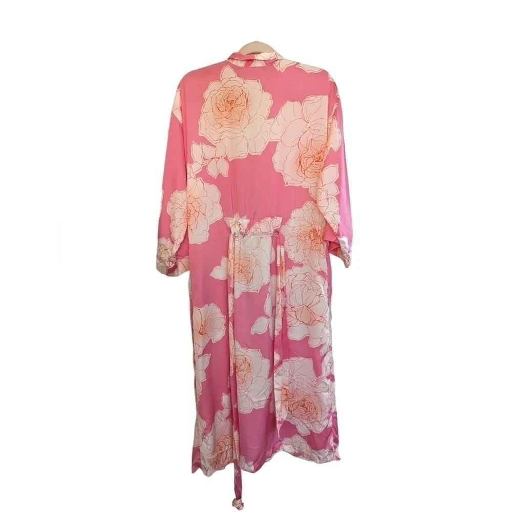 NATORI Nara Women’s Floral Belted Kimono Robe Pink White Peony Size M - Picture 14 of 15